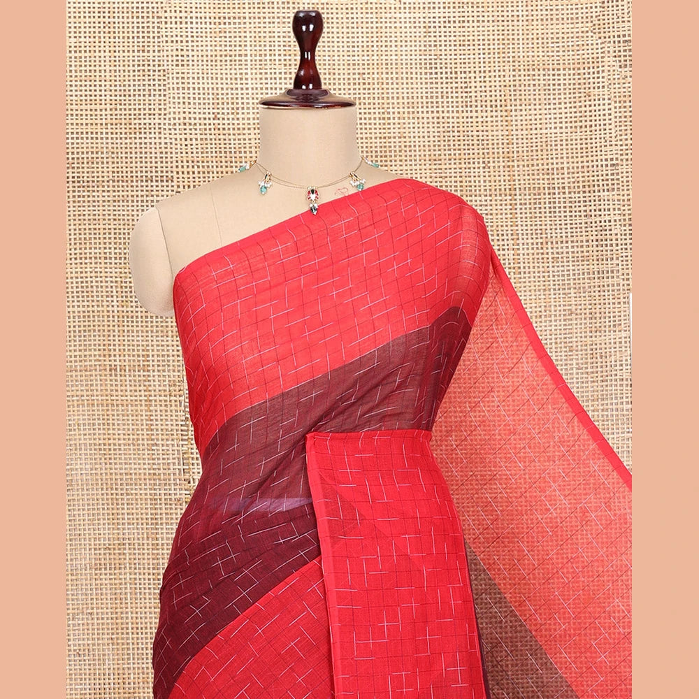 Pothys Maroon-Red Khadi Mul Cotton Saree, Subtly Sparkled with Geometric Print, Complemented by a Contrast Border, and No Blouse