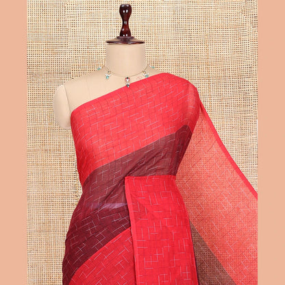 Pothys Maroon-Red Khadi Mul Cotton Saree, Subtly Sparkled with Geometric Print, Complemented by a Contrast Border, and No Blouse