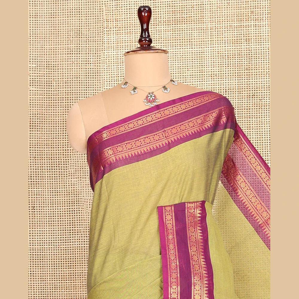 Pothys Green Plain Chettinad Cotton Saree, Complemented by a Contrast Rettai Pettu Traditional Zari Border, Striped Pallu, and a Matching Blouse