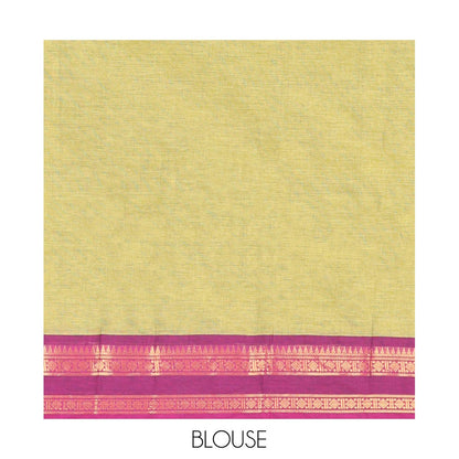 Pothys Green Plain Chettinad Cotton Saree, Complemented by a Contrast Rettai Pettu Traditional Zari Border, Striped Pallu, and a Matching Blouse
