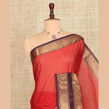 Pothys Rust Plain Chettinad Cotton Saree, Complemented by a Contrast Rettai Pettu Traditional Zari Border, Striped Pallu, and a Matching Blouse