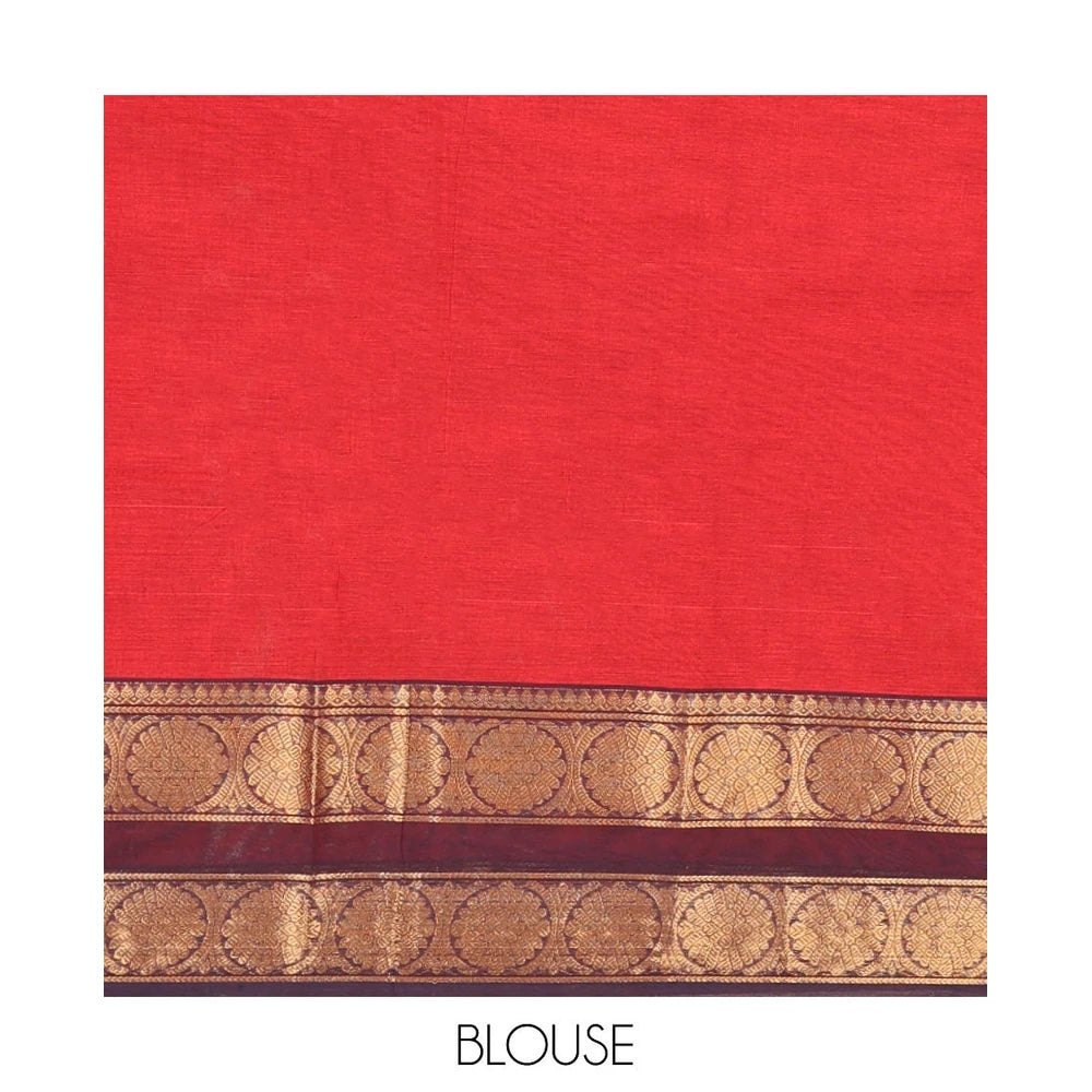 Pothys Rust Plain Chettinad Cotton Saree, Complemented by a Contrast Rettai Pettu Traditional Zari Border, Striped Pallu, and a Matching Blouse