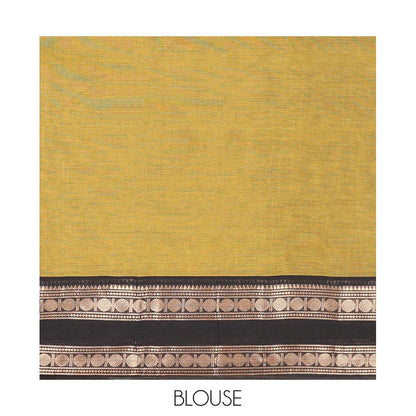 Pothys Green Plain Chettinad Cotton Saree, Complemented by a Contrast Rettai Pettu Rudraksham Zari Border, Striped Pallu, and a Matching Blouse