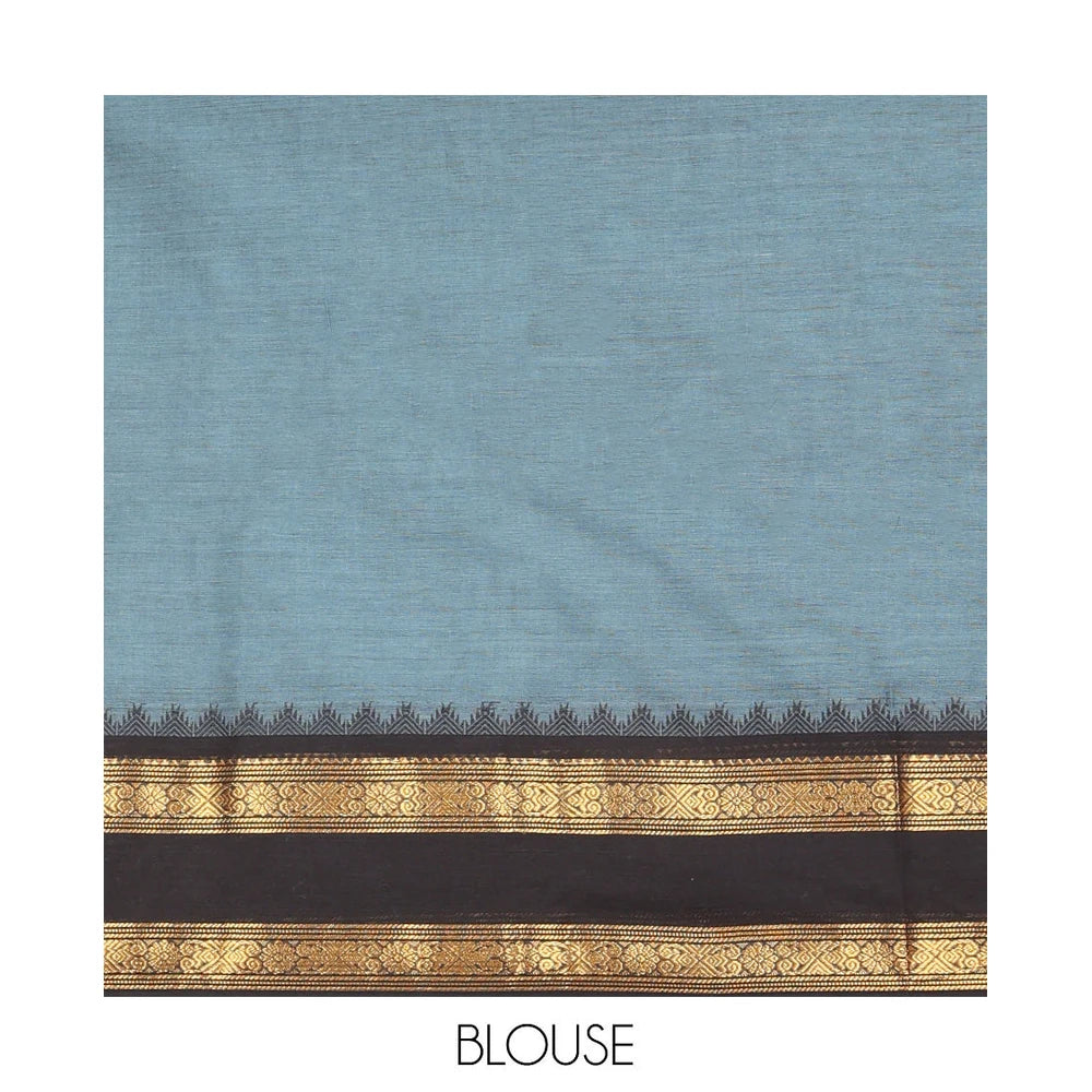 Pothys Grey Plain Chettinad Cotton Saree, Complemented by a Contrast Traditional Zari Rettai Pettu Border, Striped Pallu, and a Matching Blouse