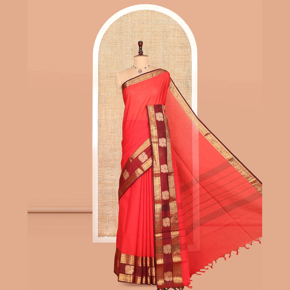 Pothys Red Plain Chettinad Cotton Saree, Complemented by a Contrast Traditional Zari Elephant-Peacock Border, Striped Pallu, and a Matching Blouse