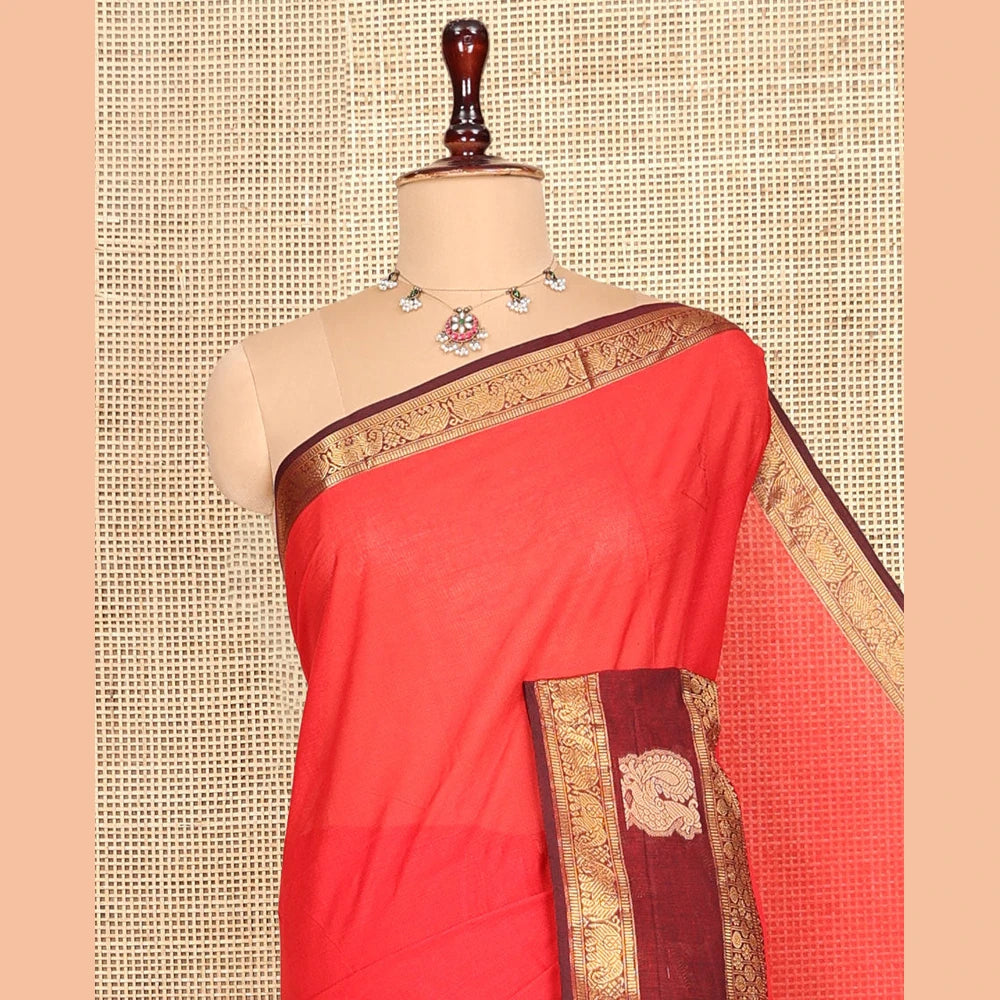 Pothys Red Plain Chettinad Cotton Saree, Complemented by a Contrast Traditional Zari Elephant-Peacock Border, Striped Pallu, and a Matching Blouse