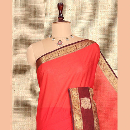 Pothys Red Plain Chettinad Cotton Saree, Complemented by a Contrast Traditional Zari Elephant-Peacock Border, Striped Pallu, and a Matching Blouse