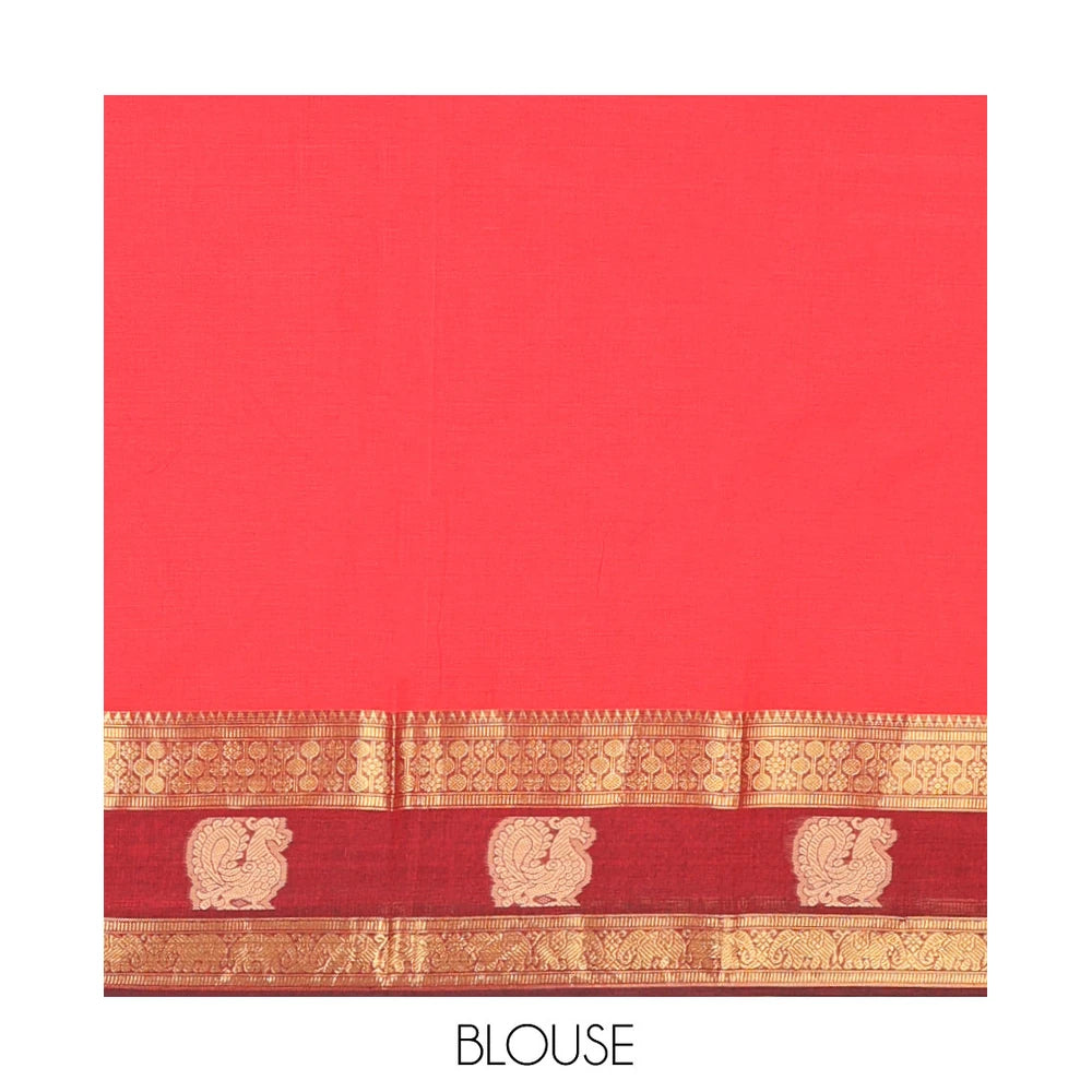 Pothys Red Plain Chettinad Cotton Saree, Complemented by a Contrast Traditional Zari Elephant-Peacock Border, Striped Pallu, and a Matching Blouse