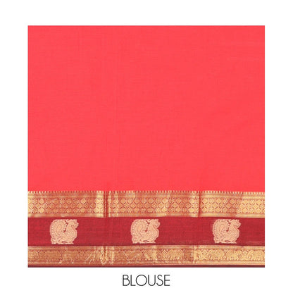 Pothys Red Plain Chettinad Cotton Saree, Complemented by a Contrast Traditional Zari Elephant-Peacock Border, Striped Pallu, and a Matching Blouse