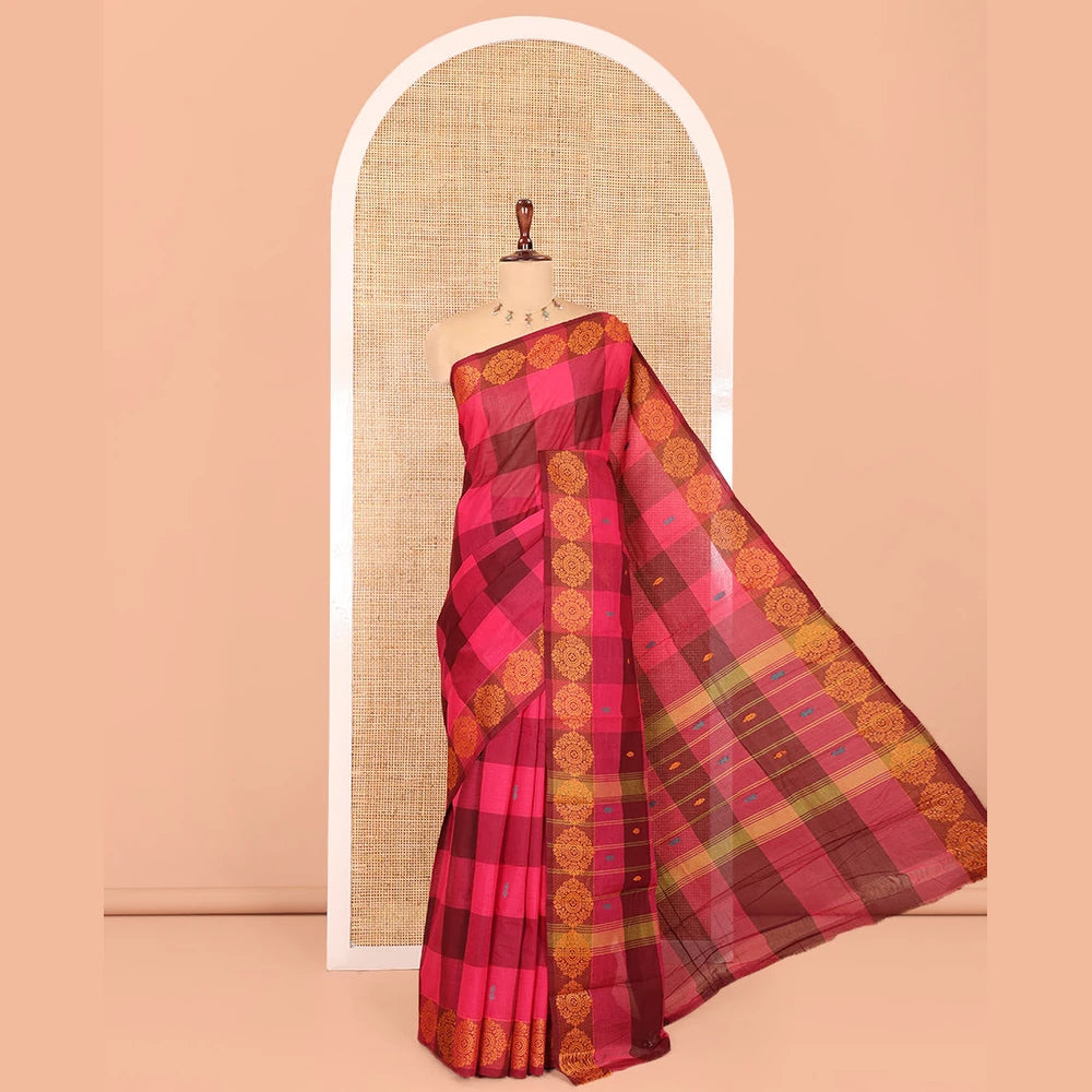 Pothys Pink Checked Chettinad Cotton Saree, Subtly Sparkled with Buttas, a Subtle Thread Border, Striped Pallu, and No Blouse