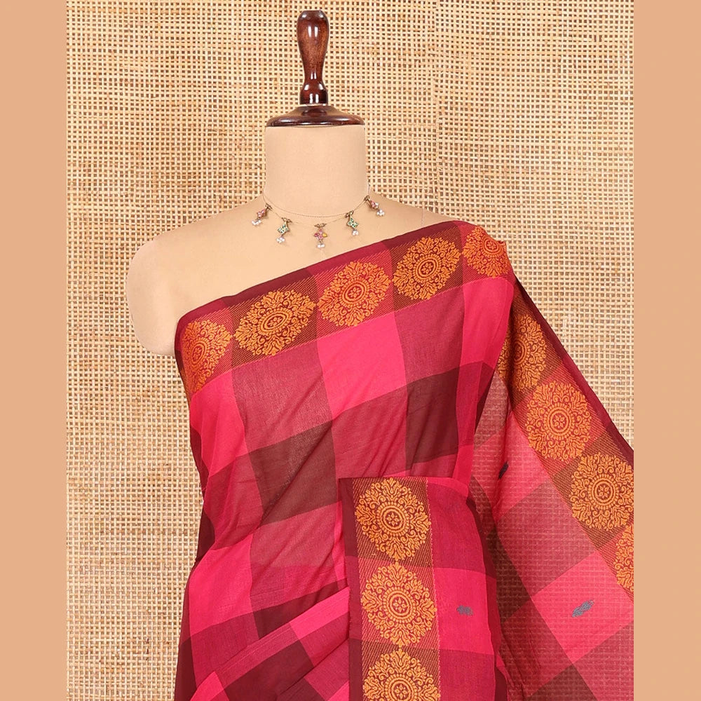 Pothys Pink Checked Chettinad Cotton Saree, Subtly Sparkled with Buttas, a Subtle Thread Border, Striped Pallu, and No Blouse