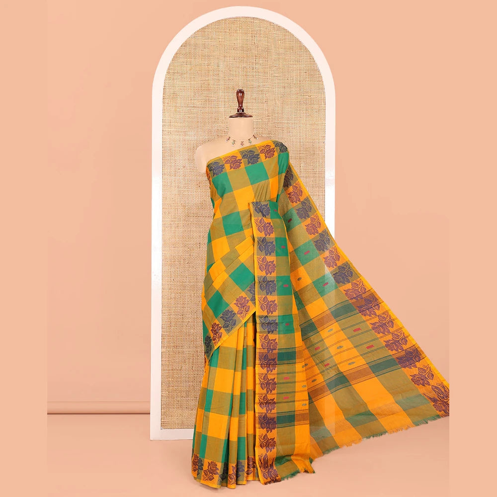 Pothys Orange-Green Checked Chettinad Cotton Saree, Subtly Sparkled with Buttas, a Rose Thread Border, Striped Pallu, and No Blouse