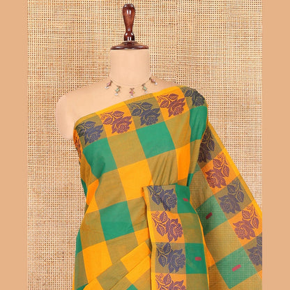 Pothys Orange-Green Checked Chettinad Cotton Saree, Subtly Sparkled with Buttas, a Rose Thread Border, Striped Pallu, and No Blouse