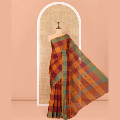 Pothys Mustard-Wine Checked Chettinad Cotton Saree, Subtly Woven with Buttas, a Subtle Floral-Chakram Border, and a Matching Blouse
