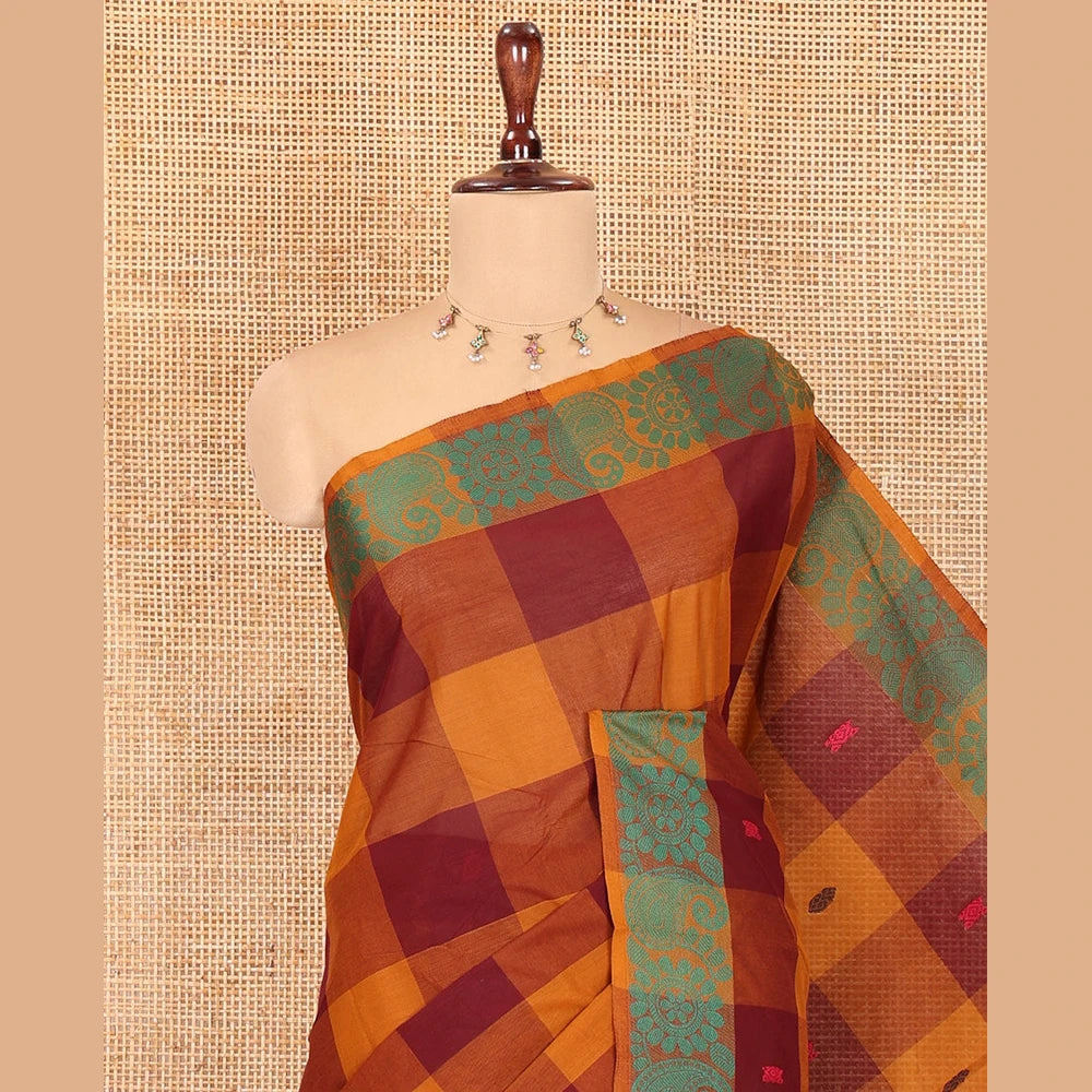 Pothys Mustard-Wine Checked Chettinad Cotton Saree, Subtly Woven with Buttas, a Subtle Floral-Chakram Border, and a Matching Blouse