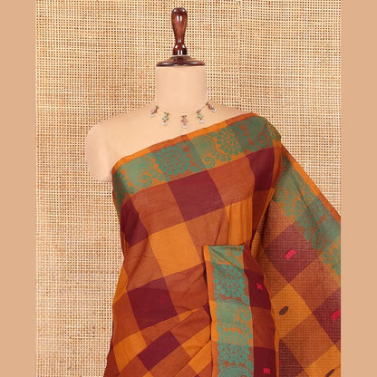 Pothys Mustard-Wine Checked Chettinad Cotton Saree, Subtly Woven with Buttas, a Subtle Floral-Chakram Border, and a Matching Blouse