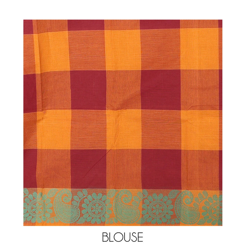 Pothys Mustard-Wine Checked Chettinad Cotton Saree, Subtly Woven with Buttas, a Subtle Floral-Chakram Border, and a Matching Blouse