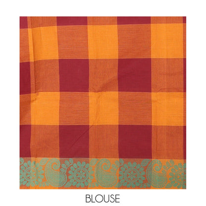 Pothys Mustard-Wine Checked Chettinad Cotton Saree, Subtly Woven with Buttas, a Subtle Floral-Chakram Border, and a Matching Blouse