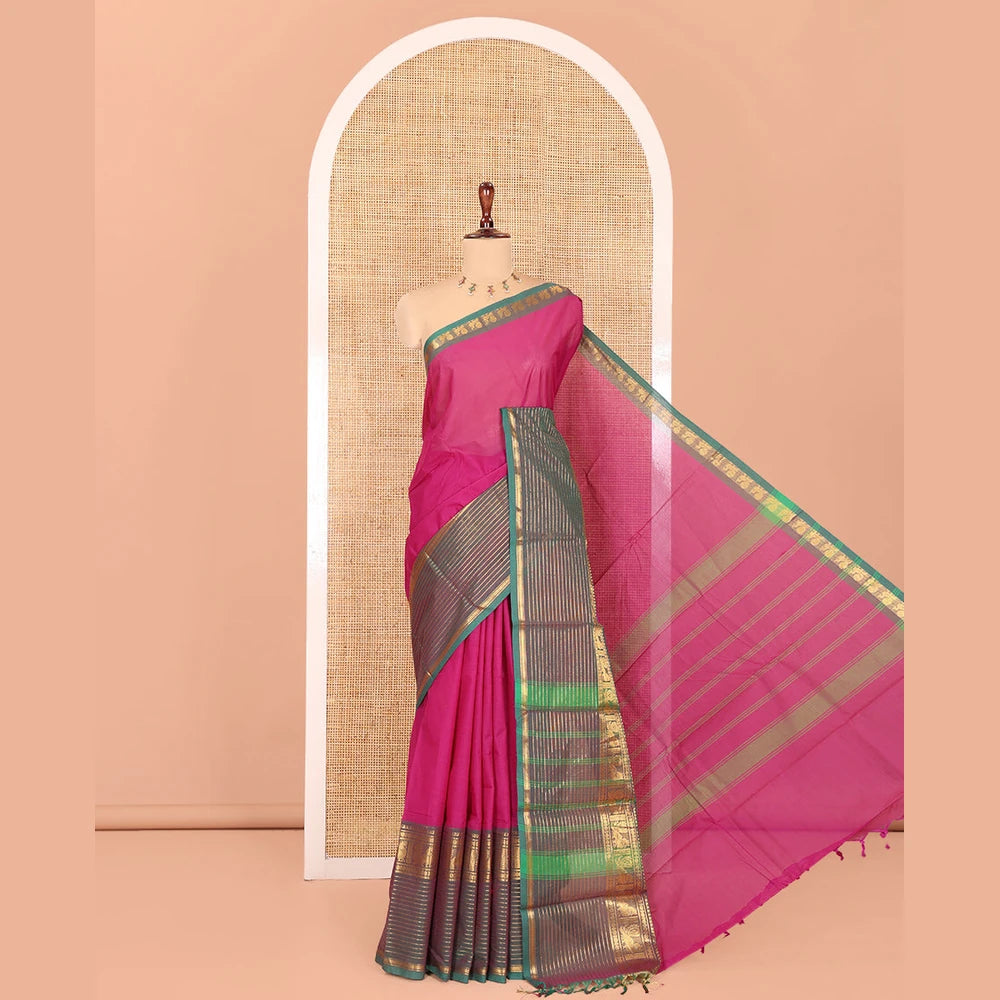 Pothys Dark Purple Plain Chettinad Cotton Saree, Complemented by a Contrast Traditional Zari Peacock Border, Striped Pallu, and Matching Blouse
