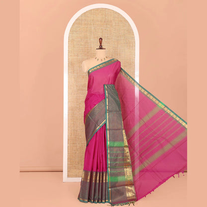 Pothys Dark Purple Plain Chettinad Cotton Saree, Complemented by a Contrast Traditional Zari Peacock Border, Striped Pallu, and Matching Blouse