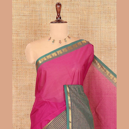 Pothys Dark Purple Plain Chettinad Cotton Saree, Complemented by a Contrast Traditional Zari Peacock Border, Striped Pallu, and Matching Blouse