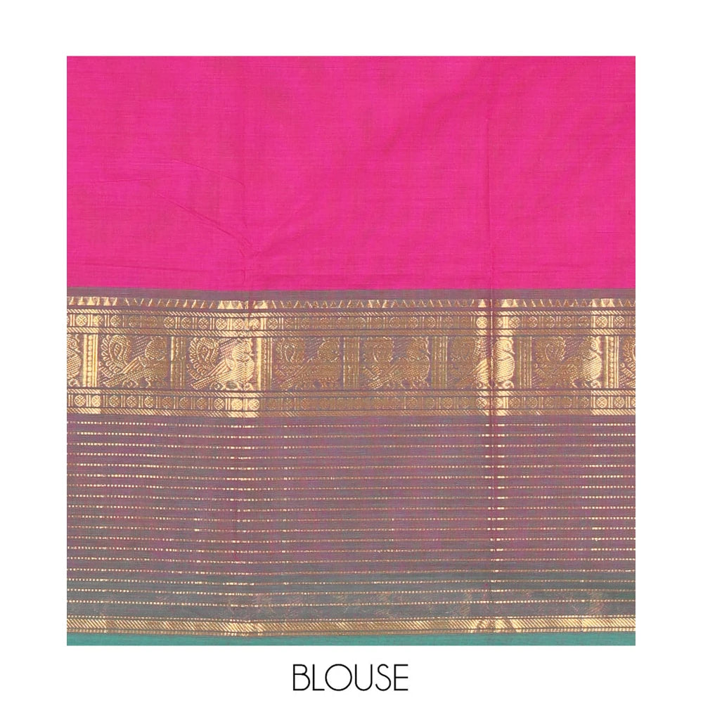 Pothys Dark Purple Plain Chettinad Cotton Saree, Complemented by a Contrast Traditional Zari Peacock Border, Striped Pallu, and Matching Blouse