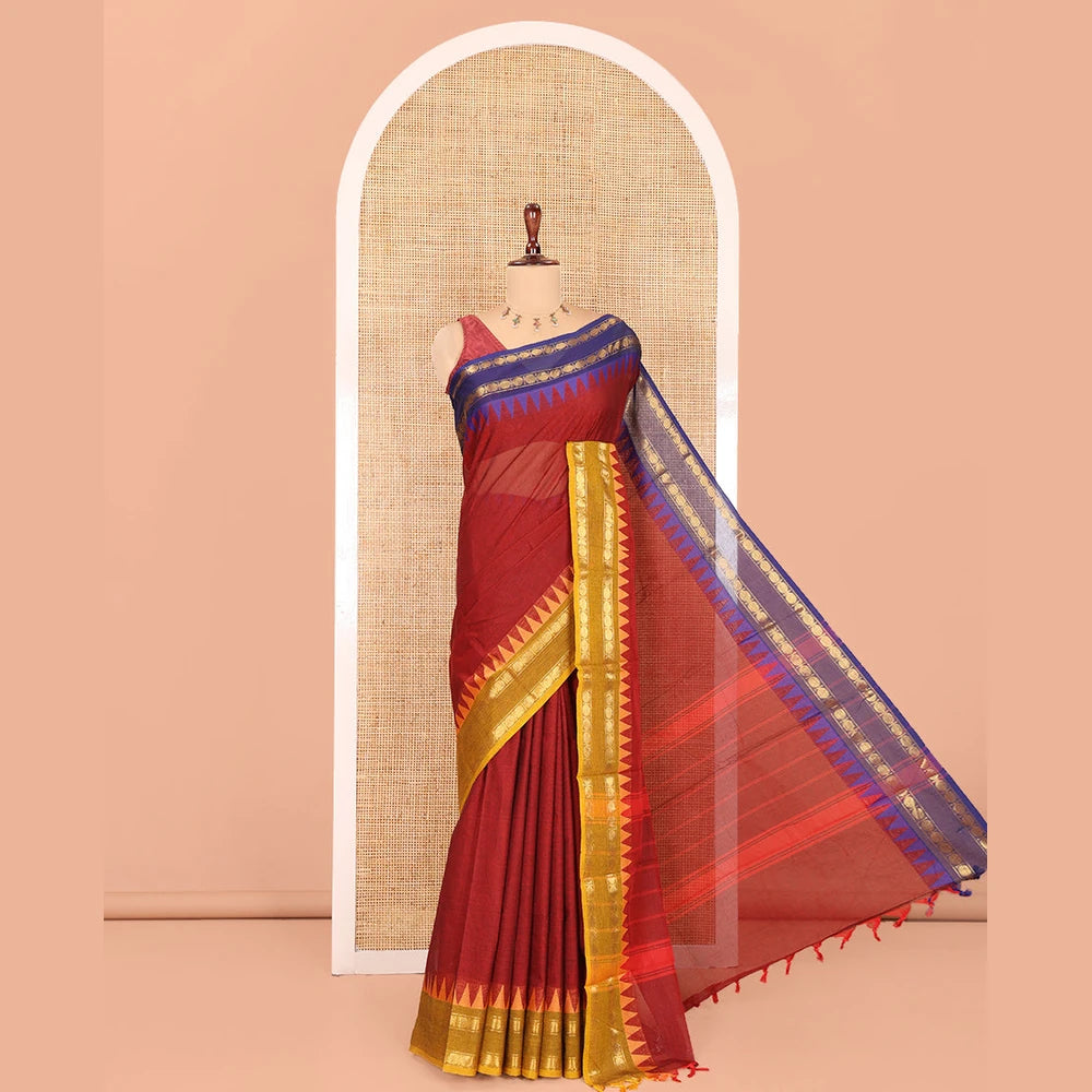 Pothys Maroon Plain Chettinad Cotton Saree, Complemented by a Contrast Rettai Pettu Rudraksham Temple Border, Striped Pallu, and Matching Blouse