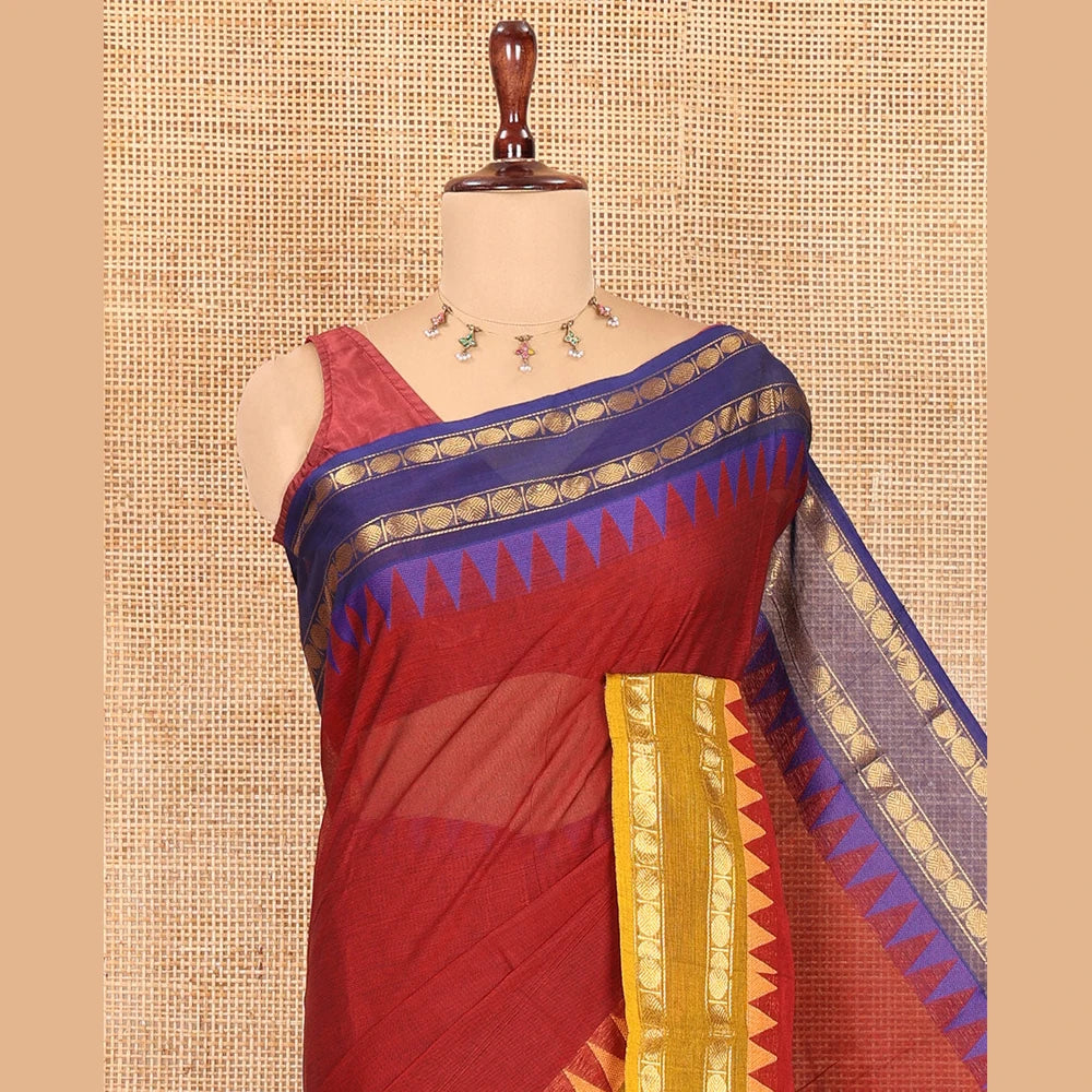 Pothys Maroon Plain Chettinad Cotton Saree, Complemented by a Contrast Rettai Pettu Rudraksham Temple Border, Striped Pallu, and Matching Blouse