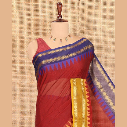 Pothys Maroon Plain Chettinad Cotton Saree, Complemented by a Contrast Rettai Pettu Rudraksham Temple Border, Striped Pallu, and Matching Blouse