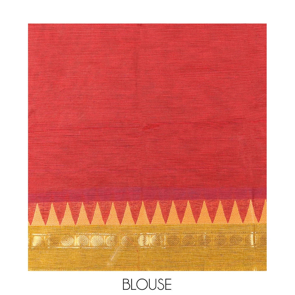 Pothys Maroon Plain Chettinad Cotton Saree, Complemented by a Contrast Rettai Pettu Rudraksham Temple Border, Striped Pallu, and Matching Blouse