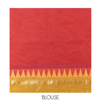 Pothys Maroon Plain Chettinad Cotton Saree, Complemented by a Contrast Rettai Pettu Rudraksham Temple Border, Striped Pallu, and Matching Blouse
