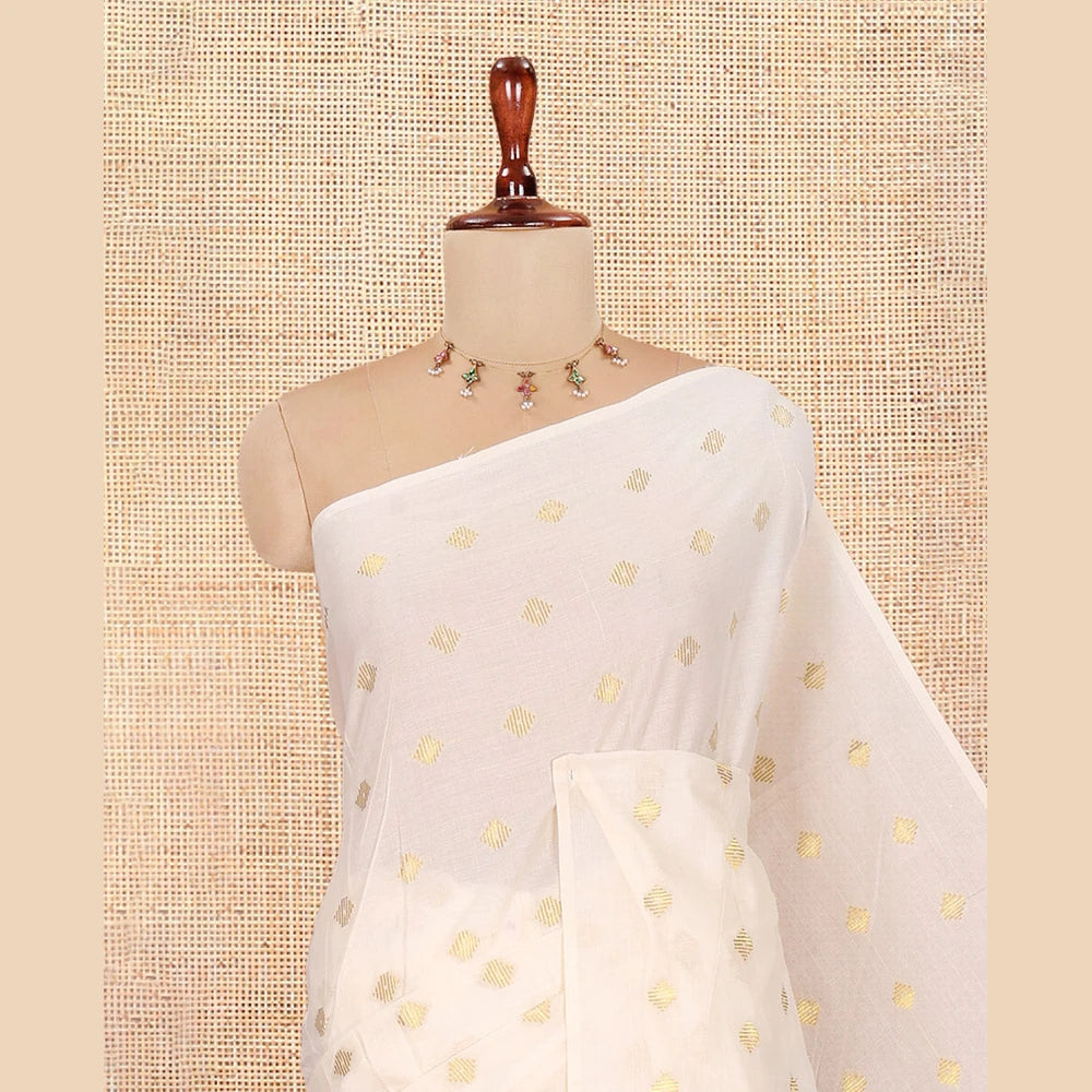 Pothys Borderless Cream Kerala Cotton Saree, Steeped with Zari Buttas, a Self-Pallu, and a Matching Blouse