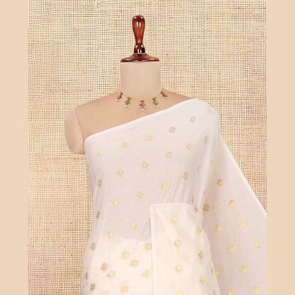 Pothys Borderless Cream Kerala Cotton Saree, Steeped with Zari Buttas, a Self-Pallu, and a Matching Blouse