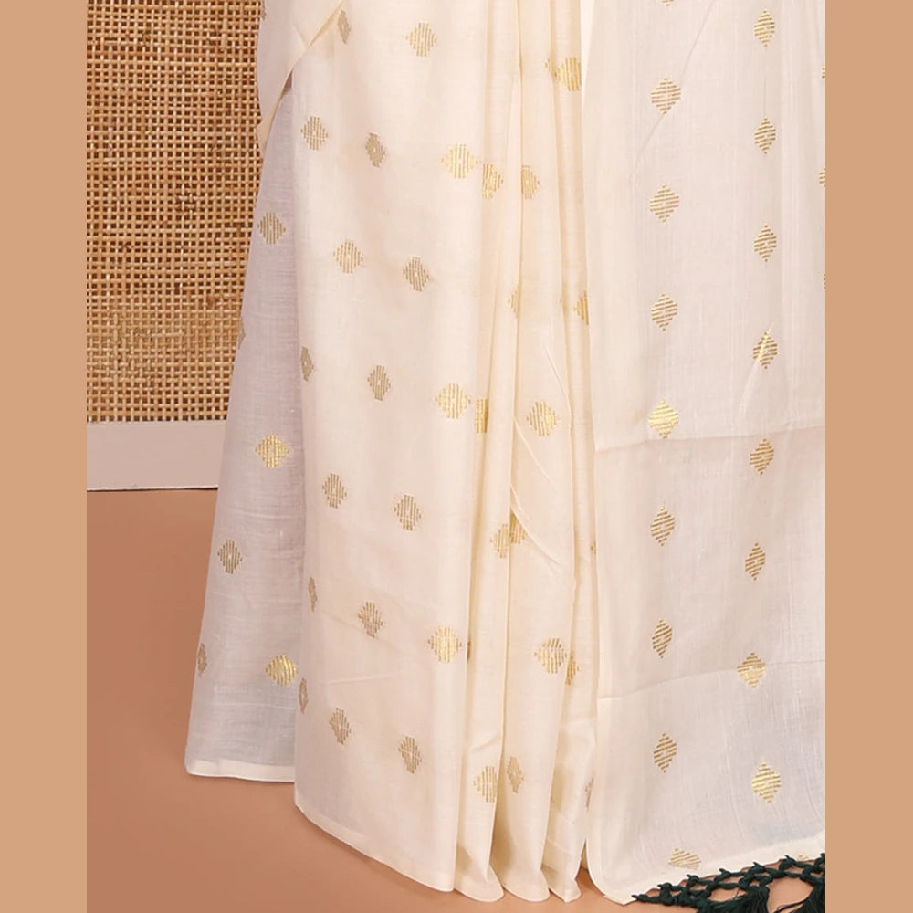 Pothys Borderless Cream Kerala Cotton Saree, Steeped with Zari Buttas, a Self-Pallu, and a Matching Blouse