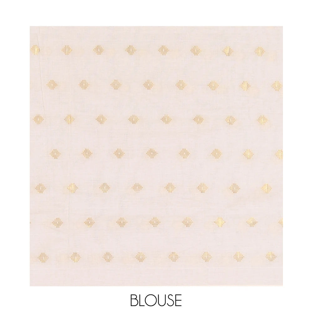 Pothys Borderless Cream Kerala Cotton Saree, Adorned with Zari Buttas, a Self-Pallu, and a Matching Blouse