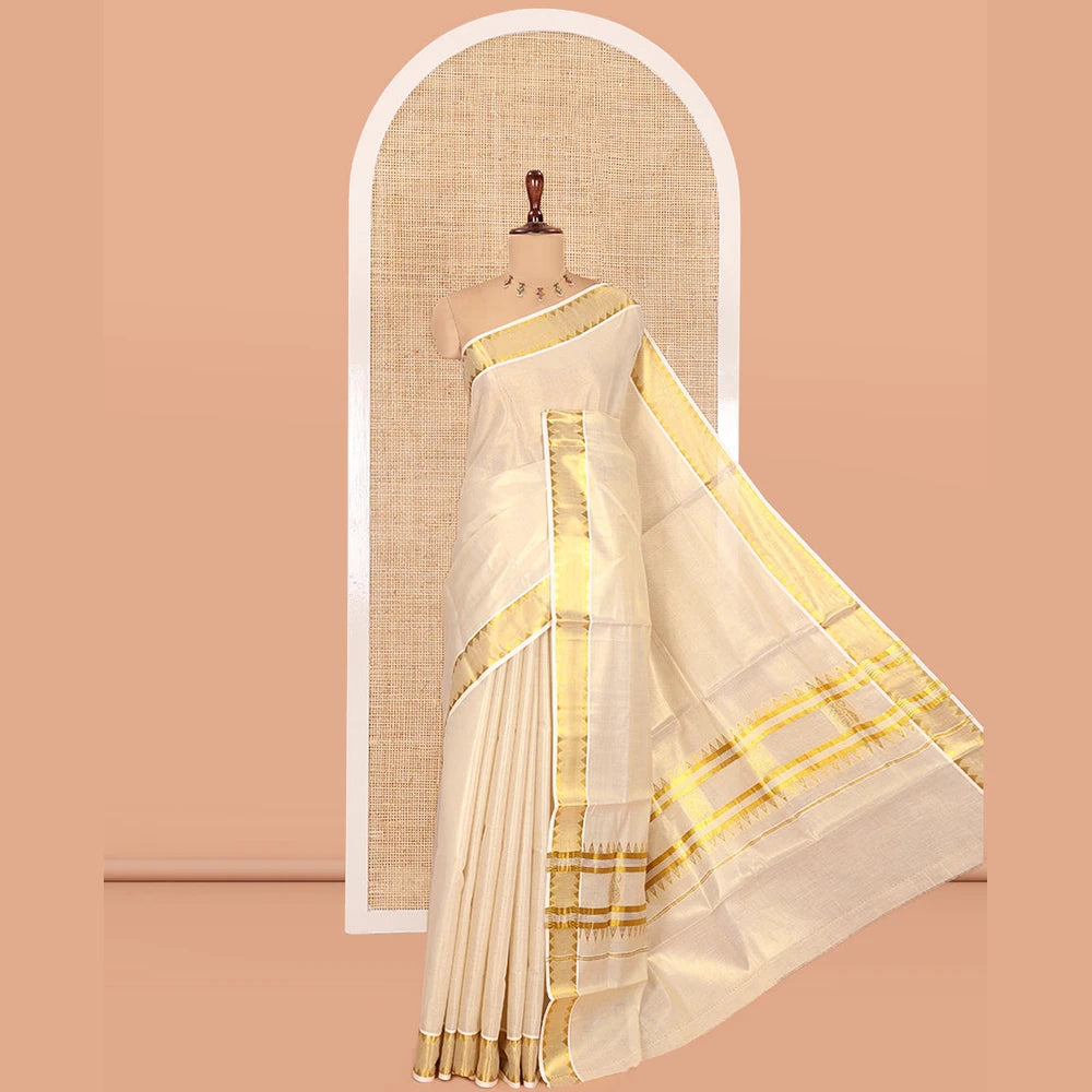 Pothys Gold Plain Kerala Tissue Saree, Gleaming Zari Temple Border, Zari Striped, and a Matching Blouse
