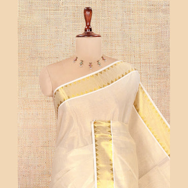 Pothys Gold Plain Kerala Tissue Saree, Gleaming Zari Temple Border, Zari Striped, and a Matching Blouse