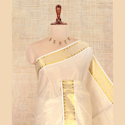 Pothys Gold Plain Kerala Tissue Saree, Gleaming Zari Temple Border, Zari Striped, and a Matching Blouse