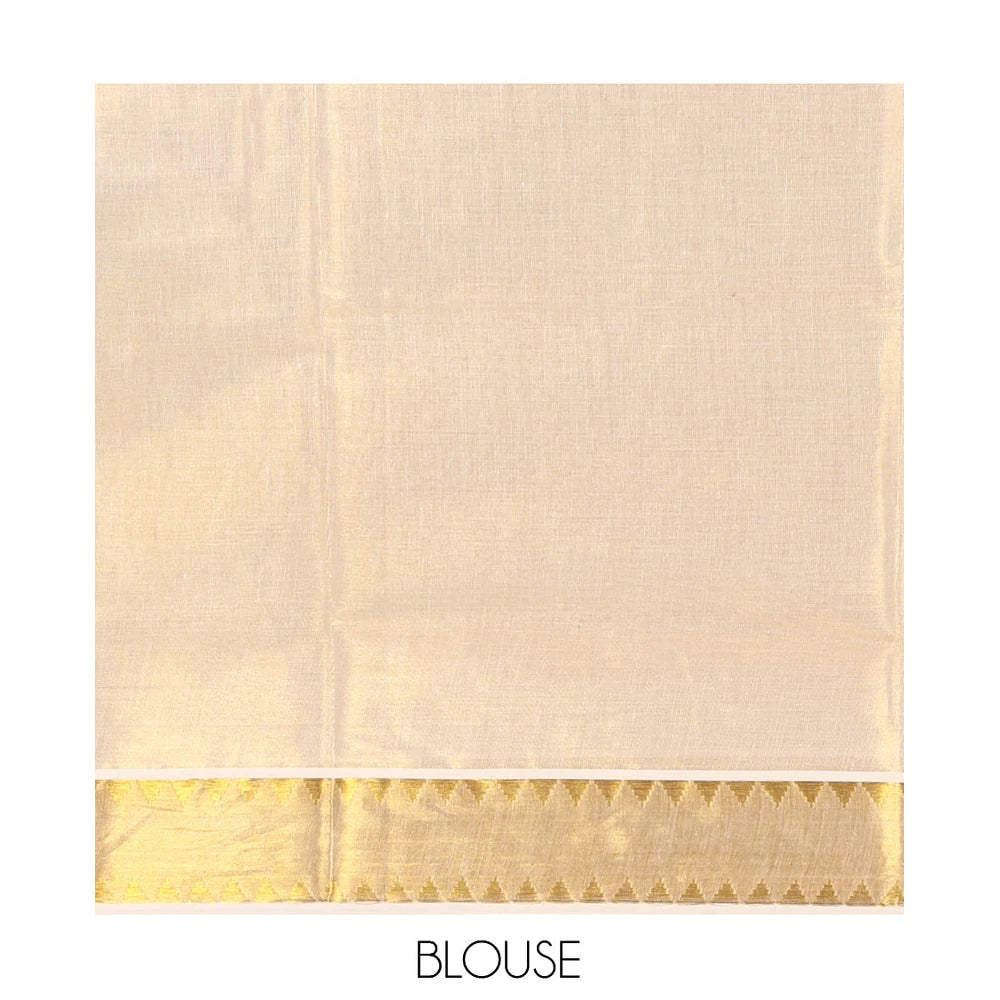 Pothys Gold Plain Kerala Tissue Saree, Gleaming Zari Temple Border, Zari Striped, and a Matching Blouse