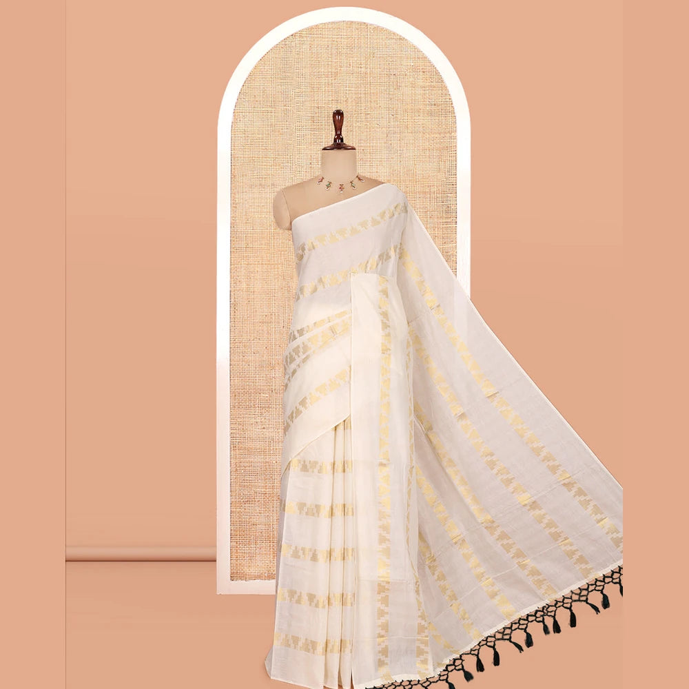 Pothys Borderless Cream Kerala Cotton Saree, Steeped with Temple Buttas, and a Matching Blouse