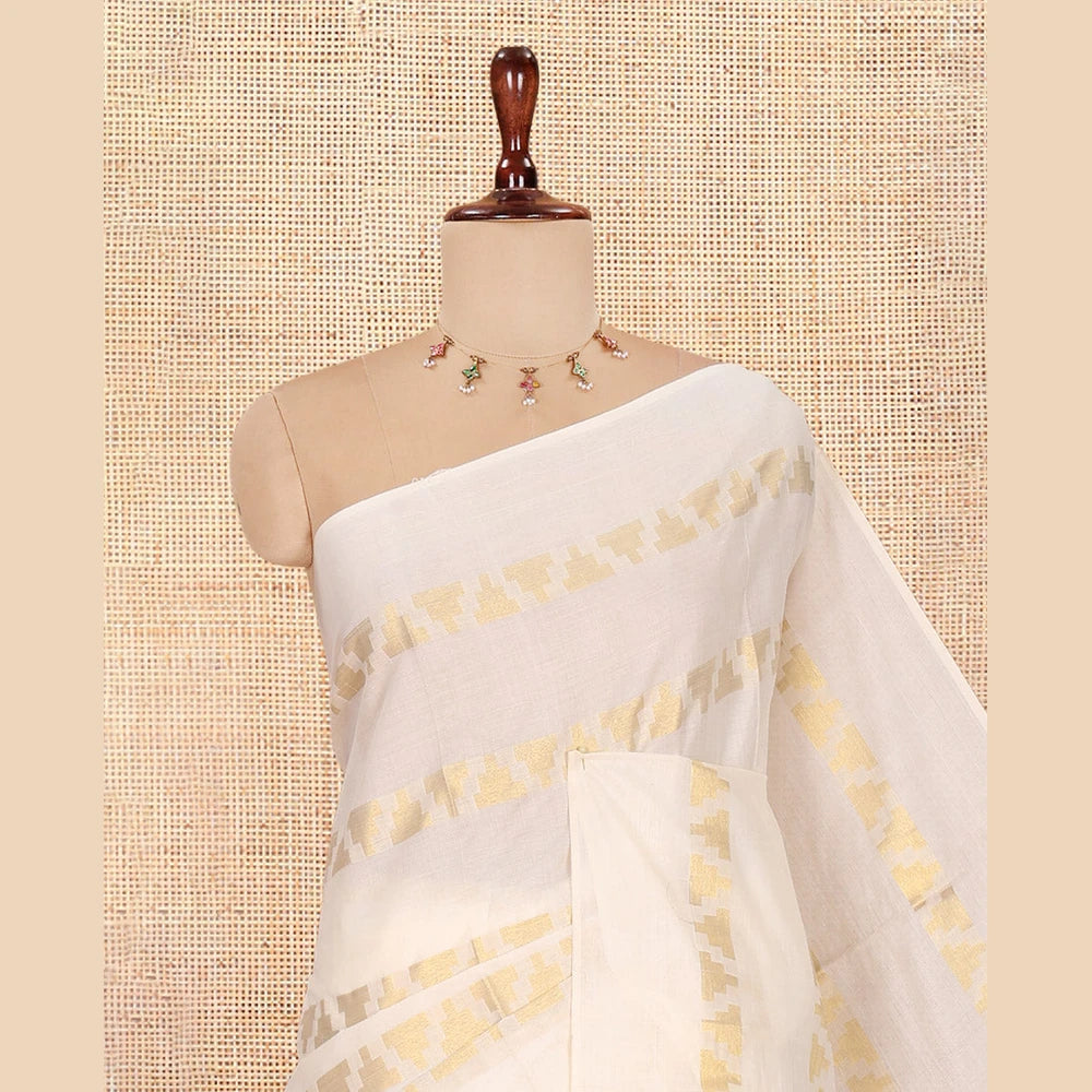 Pothys Borderless Cream Kerala Cotton Saree, Steeped with Temple Buttas, and a Matching Blouse