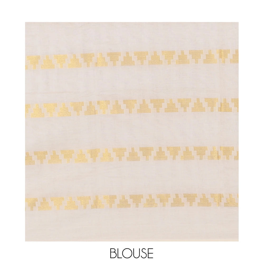 Pothys Borderless Cream Kerala Cotton Saree, Steeped with Temple Buttas, and a Matching Blouse
