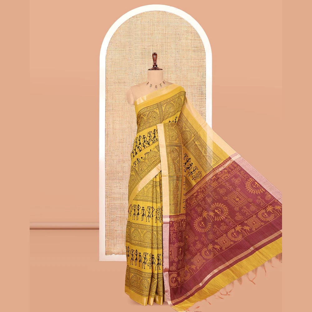 Pothys Yellow Semi-Silk Cotton Saree, Adorned with Warli Print, a Tissue Border, Contrast Warli Printed Pallu, and a Contrast Blouse