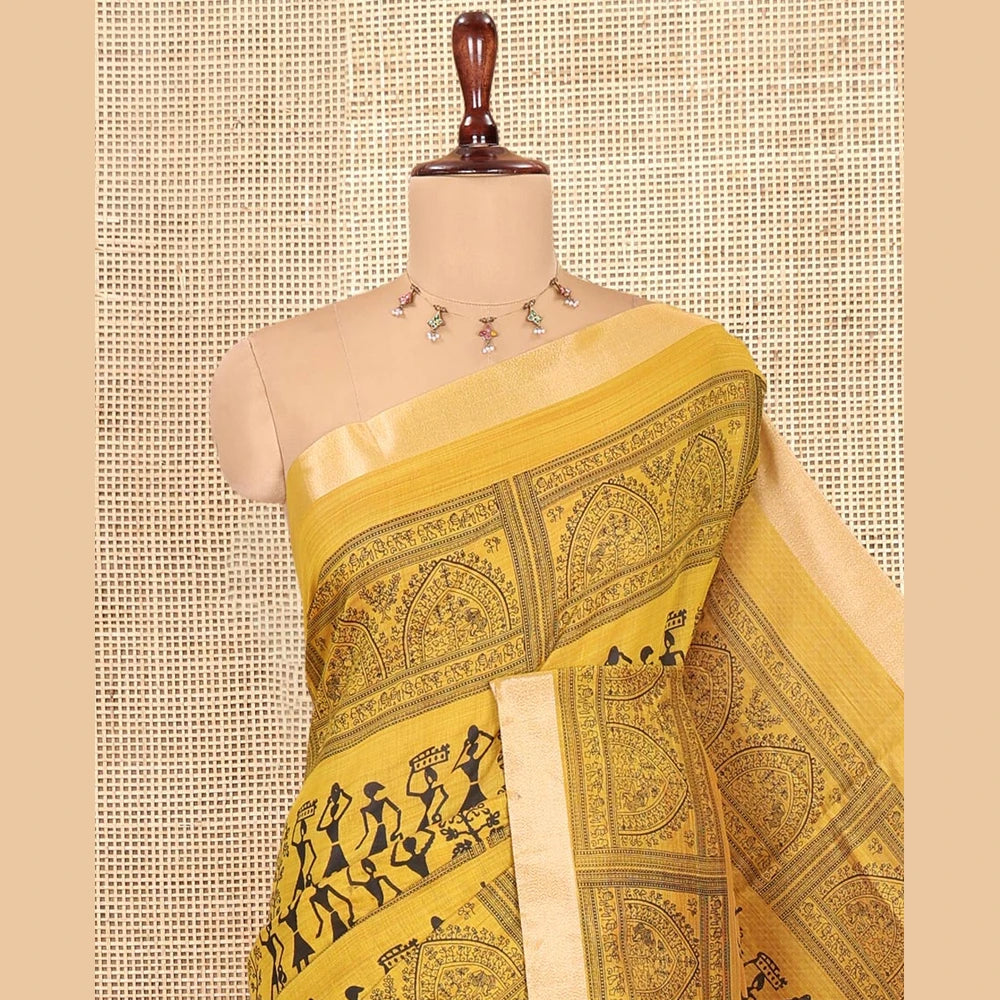 Pothys Yellow Semi-Silk Cotton Saree, Adorned with Warli Print, a Tissue Border, Contrast Warli Printed Pallu, and a Contrast Blouse