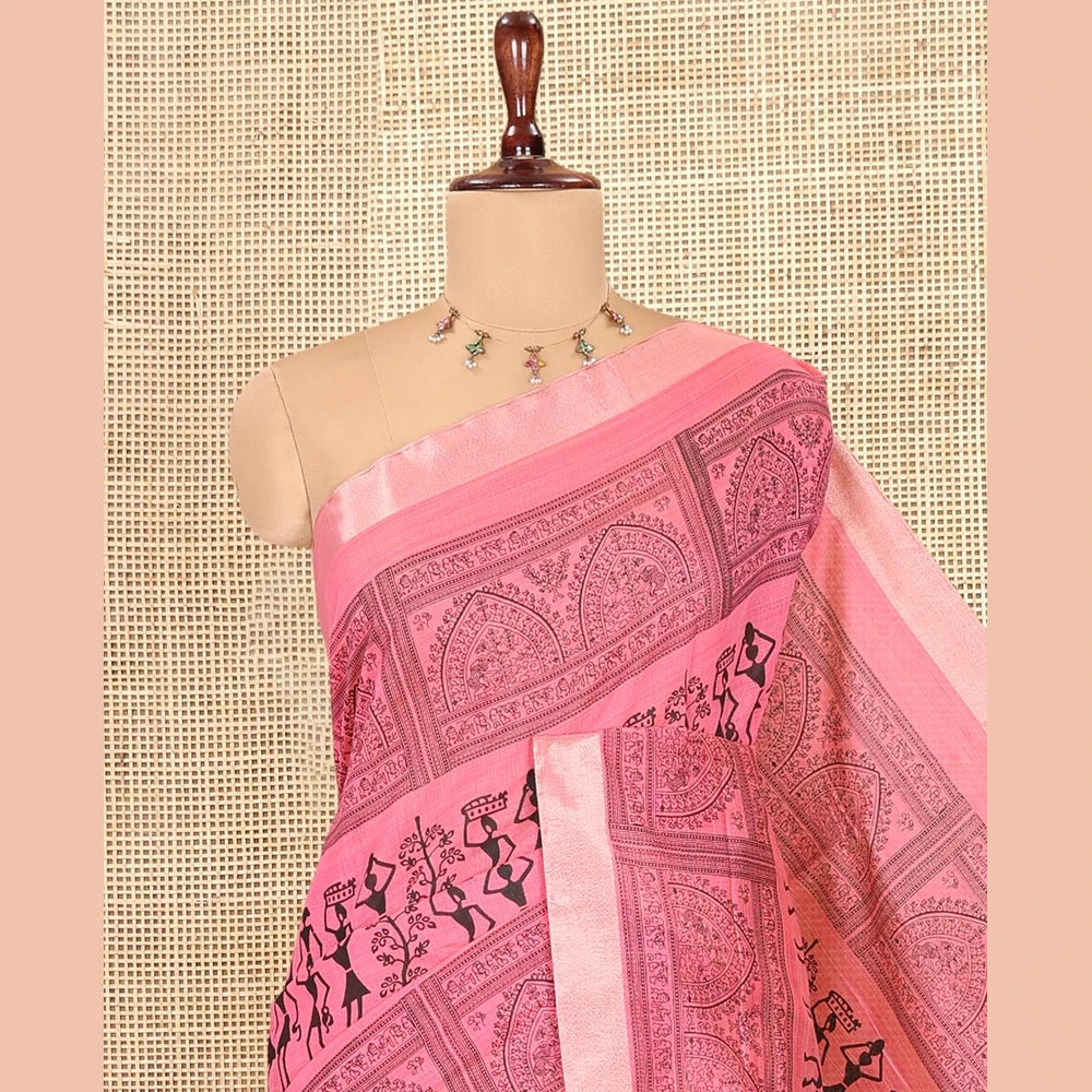 Pothys Pink Semi-Silk Cotton Saree, Adorned with Warli Print, a Tissue Border, Contrast Warli Printed Pallu, and a Contrast Blouse