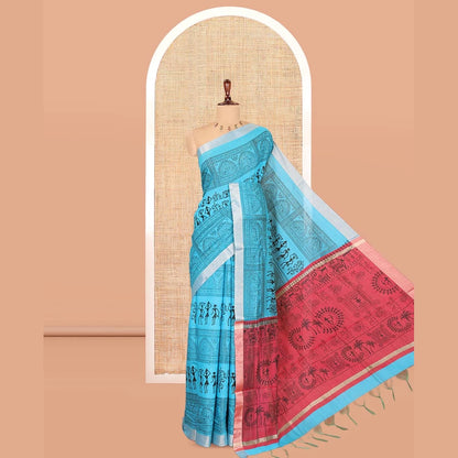 Pothys Sky Blue Semi-Silk Cotton Saree, Adorned with Warli Print, a Tissue Border, Contrast Warli Printed Pallu, and a Contrast Blouse