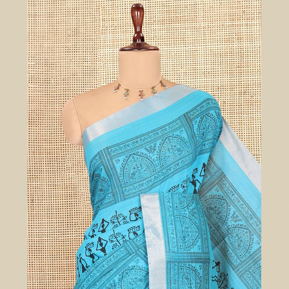 Pothys Sky Blue Semi-Silk Cotton Saree, Adorned with Warli Print, a Tissue Border, Contrast Warli Printed Pallu, and a Contrast Blouse