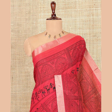 Pothys Red Semi-Silk Cotton Saree, Adorned with Warli Print, a Tissue Border, Contrast Warli Printed Pallu, and a Contrast Blouse