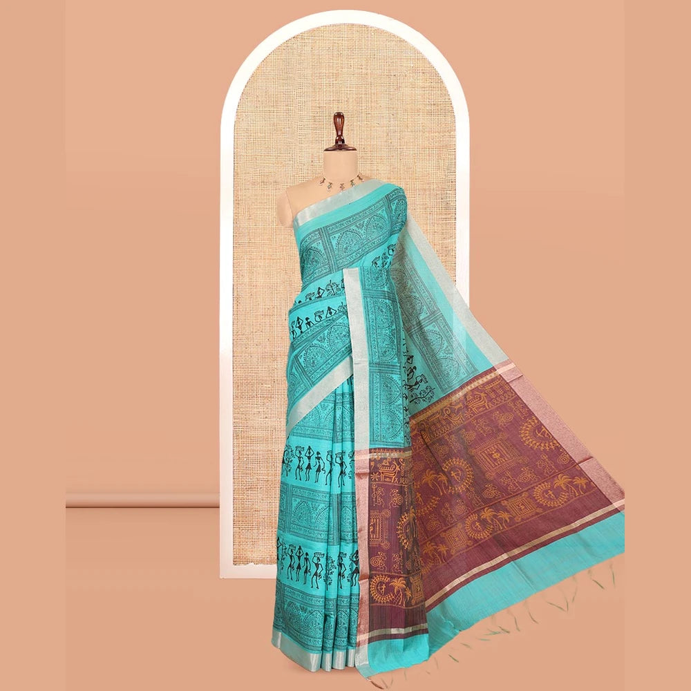 Pothys Teal Green Semi-Silk Cotton Saree, Adorned with Warli Print, a Tissue Border, Contrast Warli Printed Pallu, and a Contrast Blouse