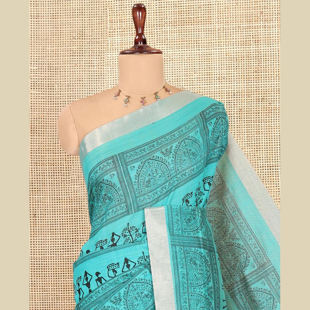 Pothys Teal Green Semi-Silk Cotton Saree, Adorned with Warli Print, a Tissue Border, Contrast Warli Printed Pallu, and a Contrast Blouse